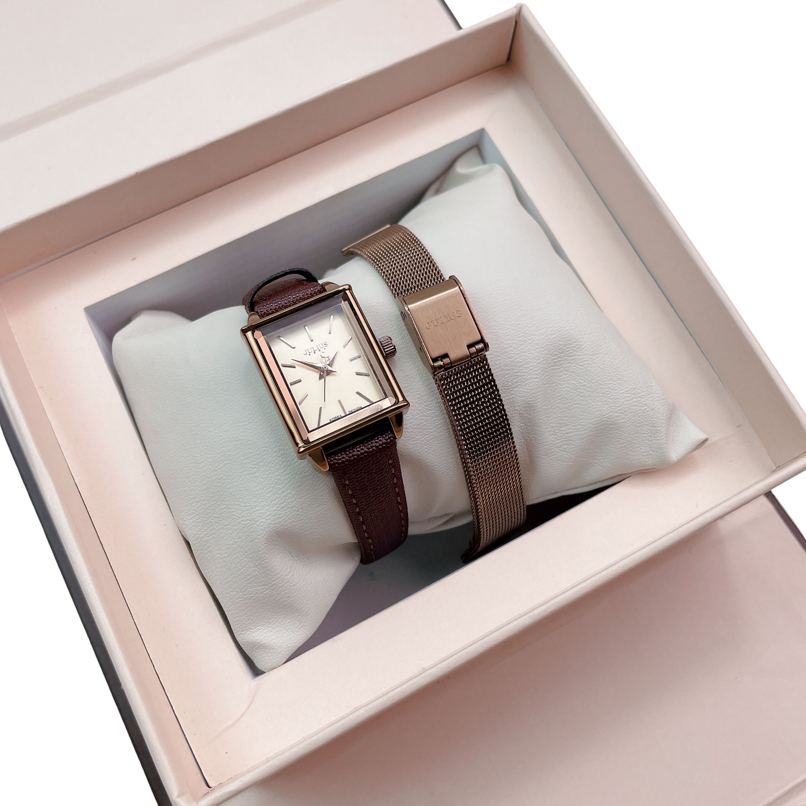 Combo Đồng Hồ Nữ Julius Hàn Quốc Dây Da JA-787E + Dây mesh