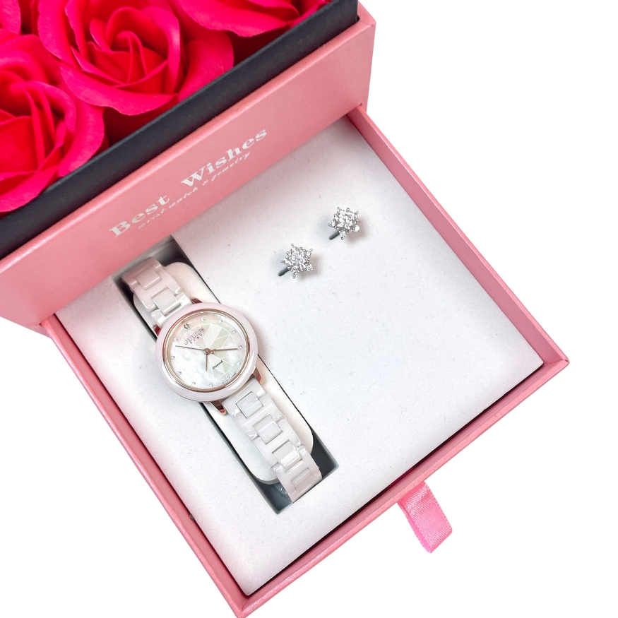 Combo Đồng Hồ Nữ JS-062 đá Ceramic + Bông Tai Moissanite ES293DS-ES053