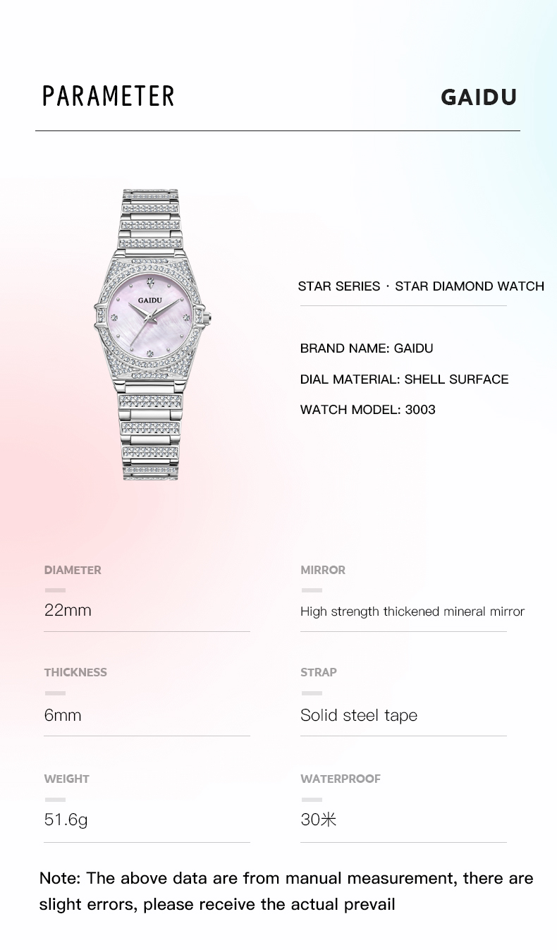 Đồng Hồ Nữ GAIDU KD-3003 Dây Thép (Hồng Xà Cừ)