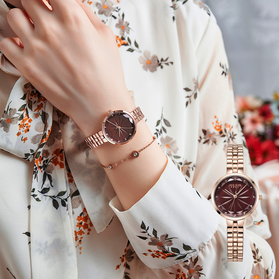 Đồng Hồ Nữ Julius Hàn Quốc Dây Thép JA-1278B (Đỏ Mận)