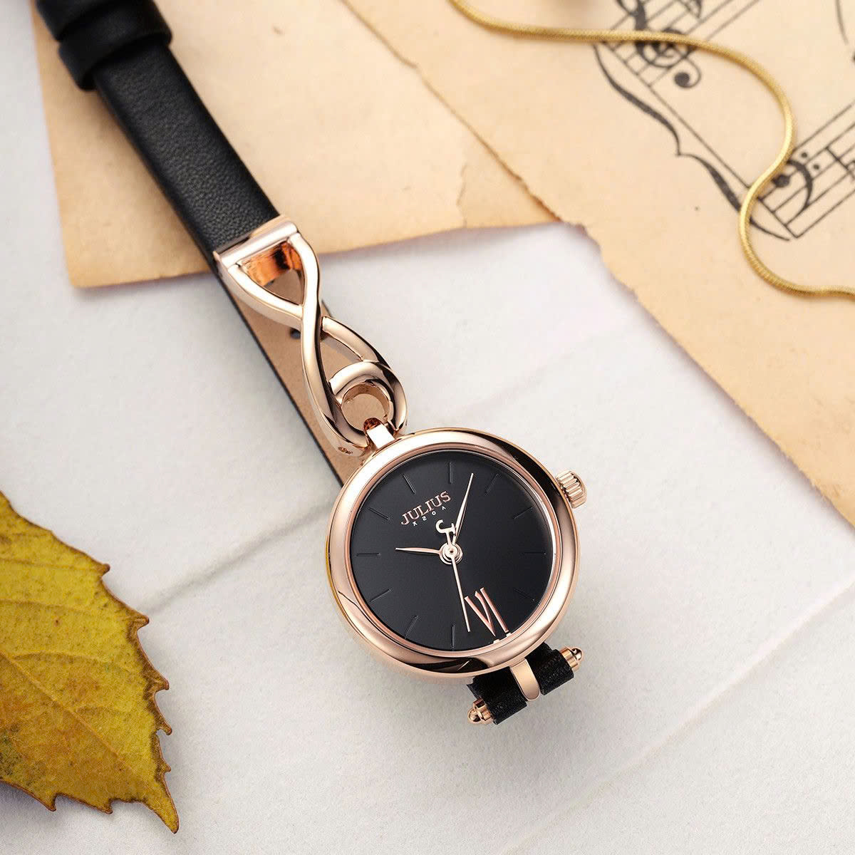 Đồng Hồ Nữ JA-1351D Julius Hàn Quốc Dây Da  (Đen)