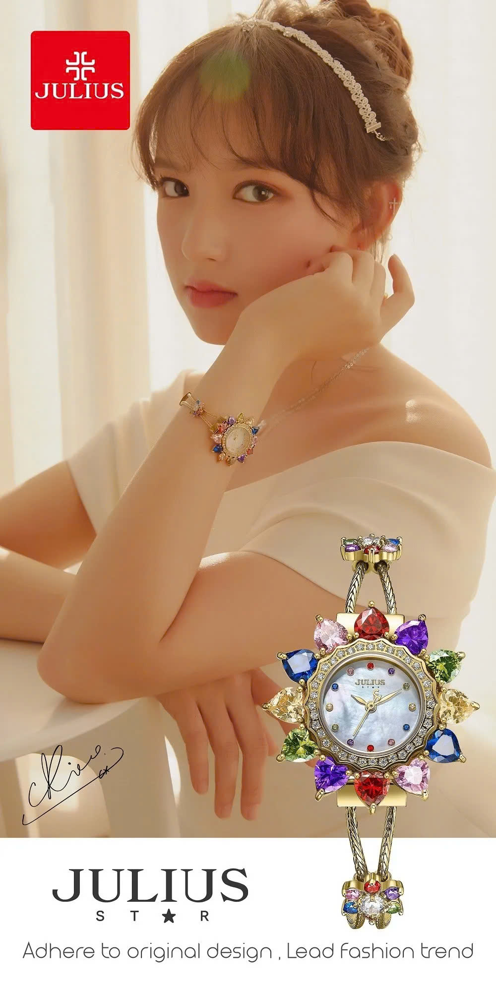 Đồng Hồ Nữ JS-021A Julius Star Mặt Hoa Đính Đá swarovski (Vàng )
