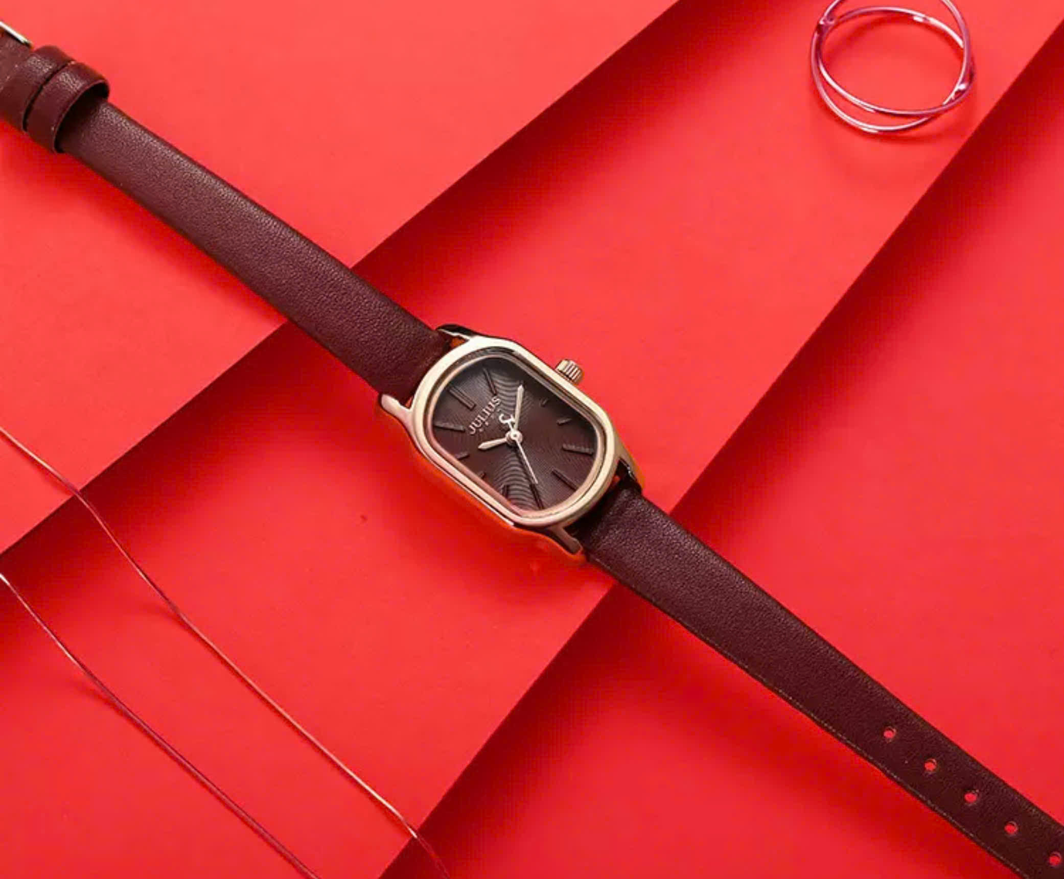 Đồng Hồ Nữ JA-1112D Julius Hàn Quốc dây da (Đỏ)