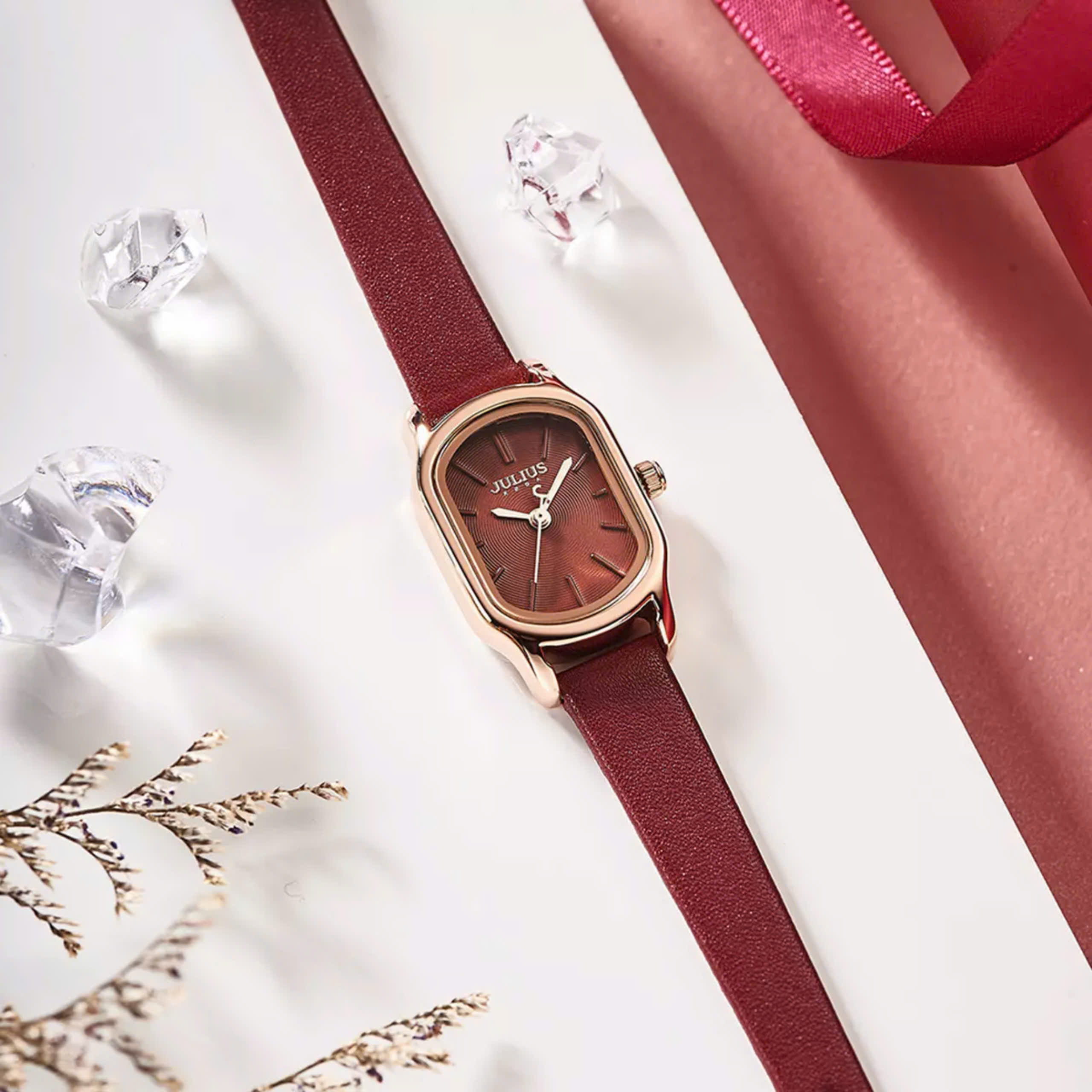 Đồng Hồ Nữ JA-1112D Julius Hàn Quốc dây da (Đỏ)