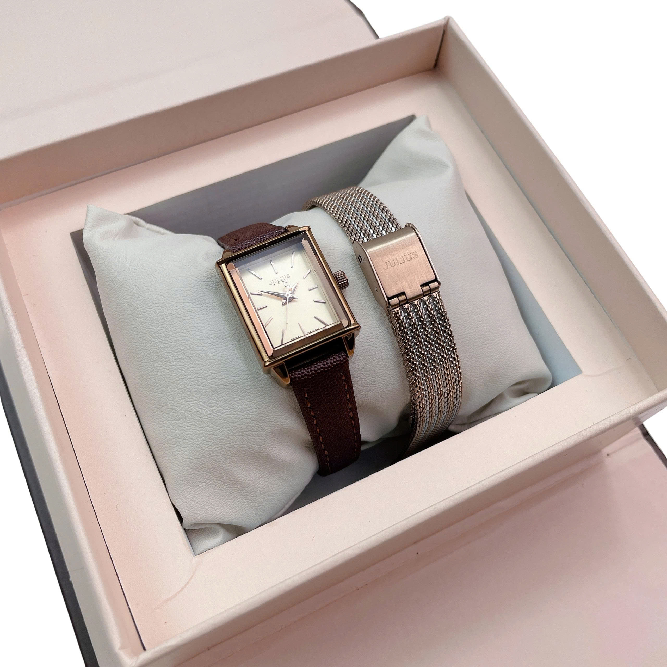 Combo Đồng Hồ Nữ Julius Hàn Quốc Dây Da JA-787E + Dây mesh