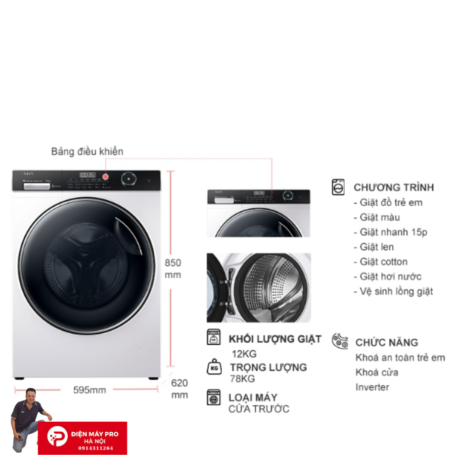 Máy giặt lồng ngang Aqua 12kg DD INVERTER AW12-B4959U1K(W) Mới 100% Giá Rẻ Nhất