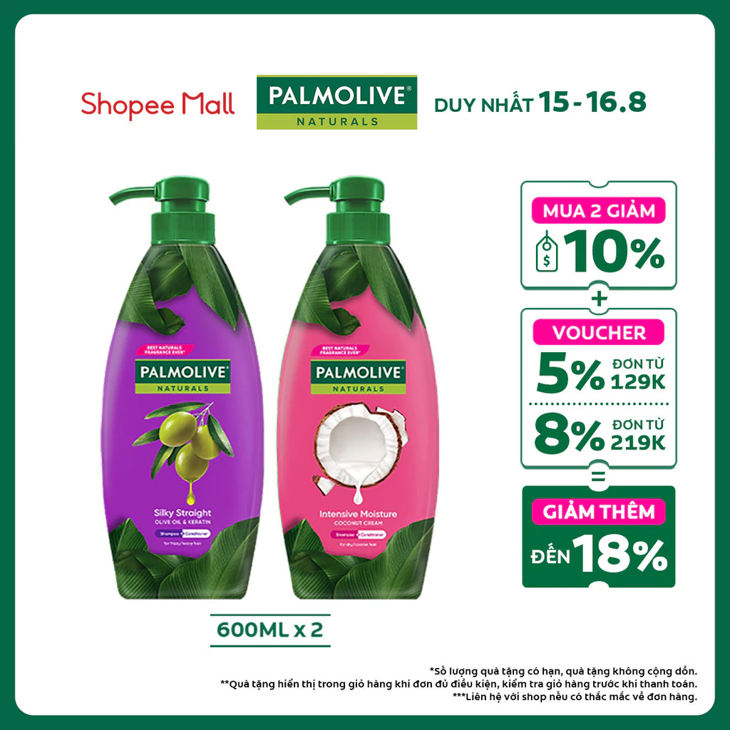 Bộ 2 Dầu gội Palmolive kèm xả 2-trong-1 chiết xuất Sữa dừa và Keratin kết hợp quả ô liu 600ml