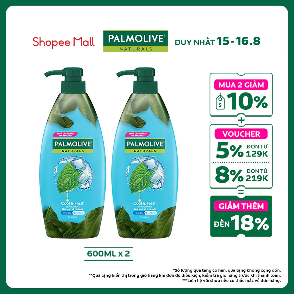 Bộ 2 Dầu gội Palmolive kèm xả 2-trong-1 chiết xuất thiên nhiên 600ML - Dầu Bạc hà