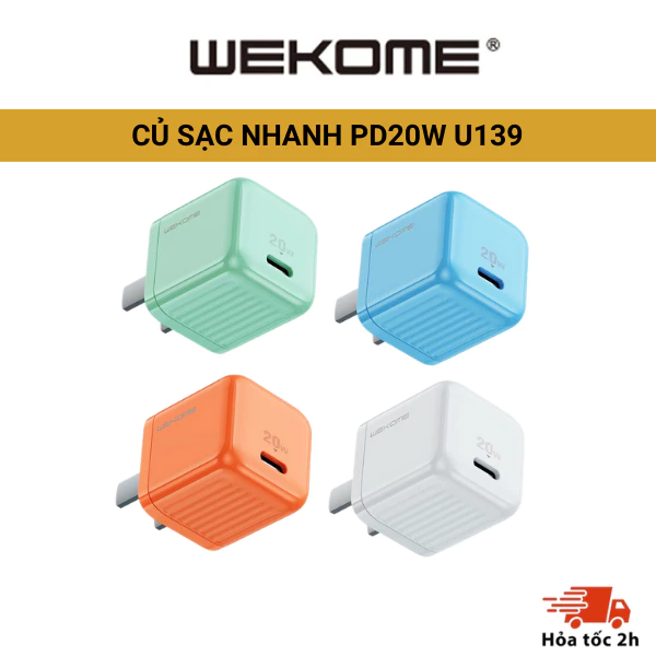 Củ sạc nhanh WEKOME PD + QC 20W Type-C U139 và cáp sạc samsung điện thoại máy tính bảng màu sắc thời thượng.
