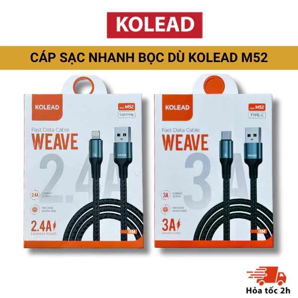 Cáp sạc nhanh KOLEAD M52 hỗ trợ sạc nhanh lên đến 3A, thiết kế bọc dù bền bỉ chống đứt gãy, hỗ trợ truyền dữ liệu nhanh