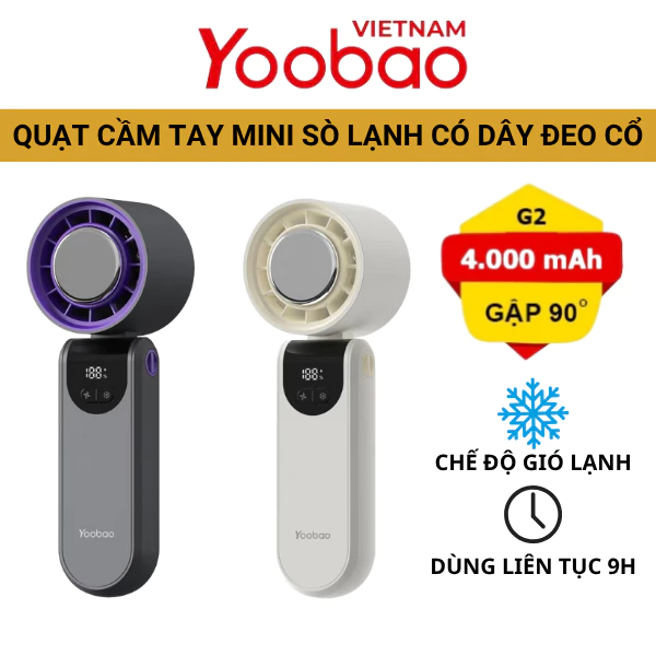 Quạt Cầm Tay Mini Yoobao G2 4000mah 100 Cấp Gió Mát Nhanh Với Sò Lạnh Màn Hiển Thị Pin Có Dây Đeo Cổ