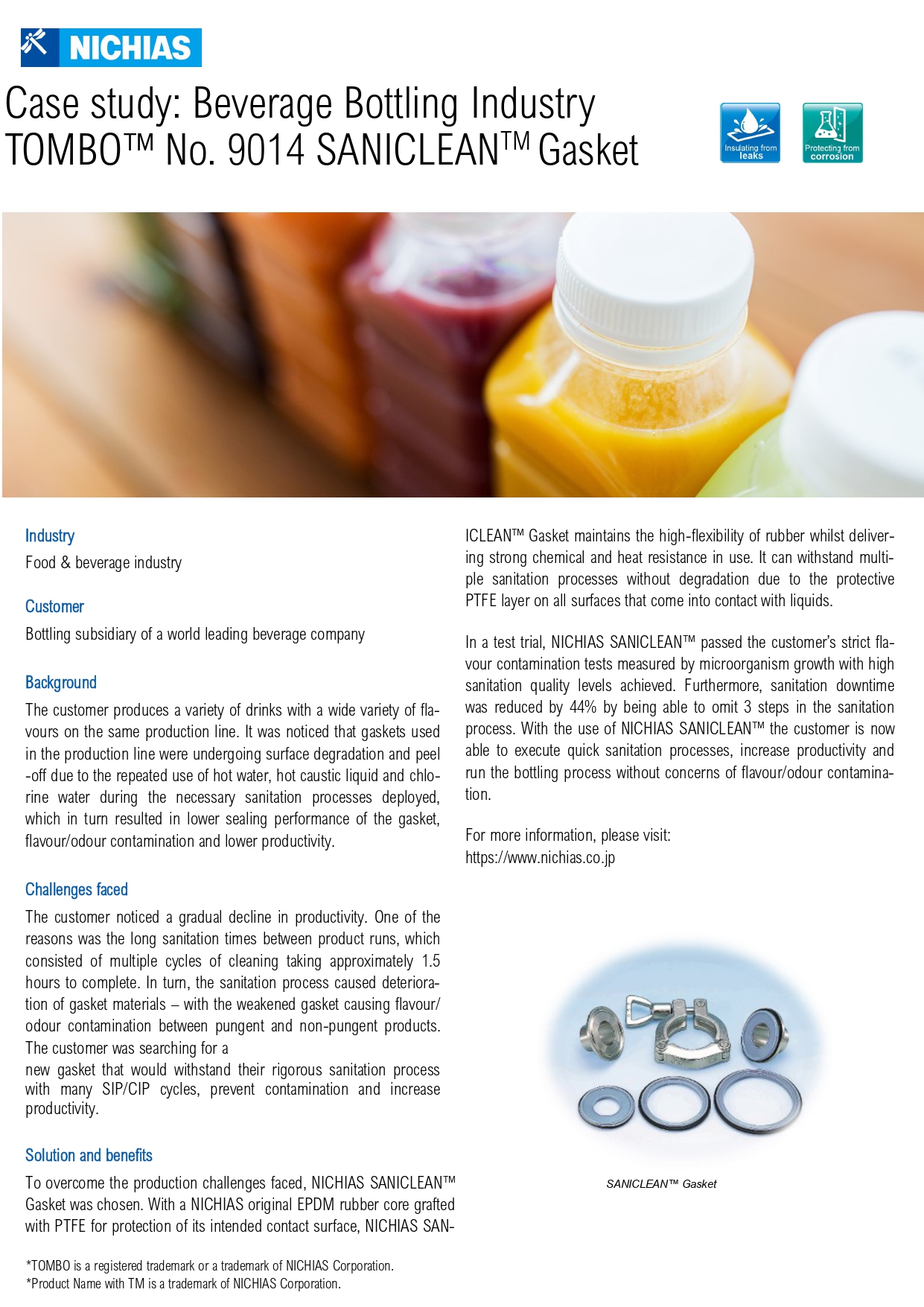Case study: Beverage Bottling Industry TOMBO™ No. 9014 SANICLEANTM Gasket
