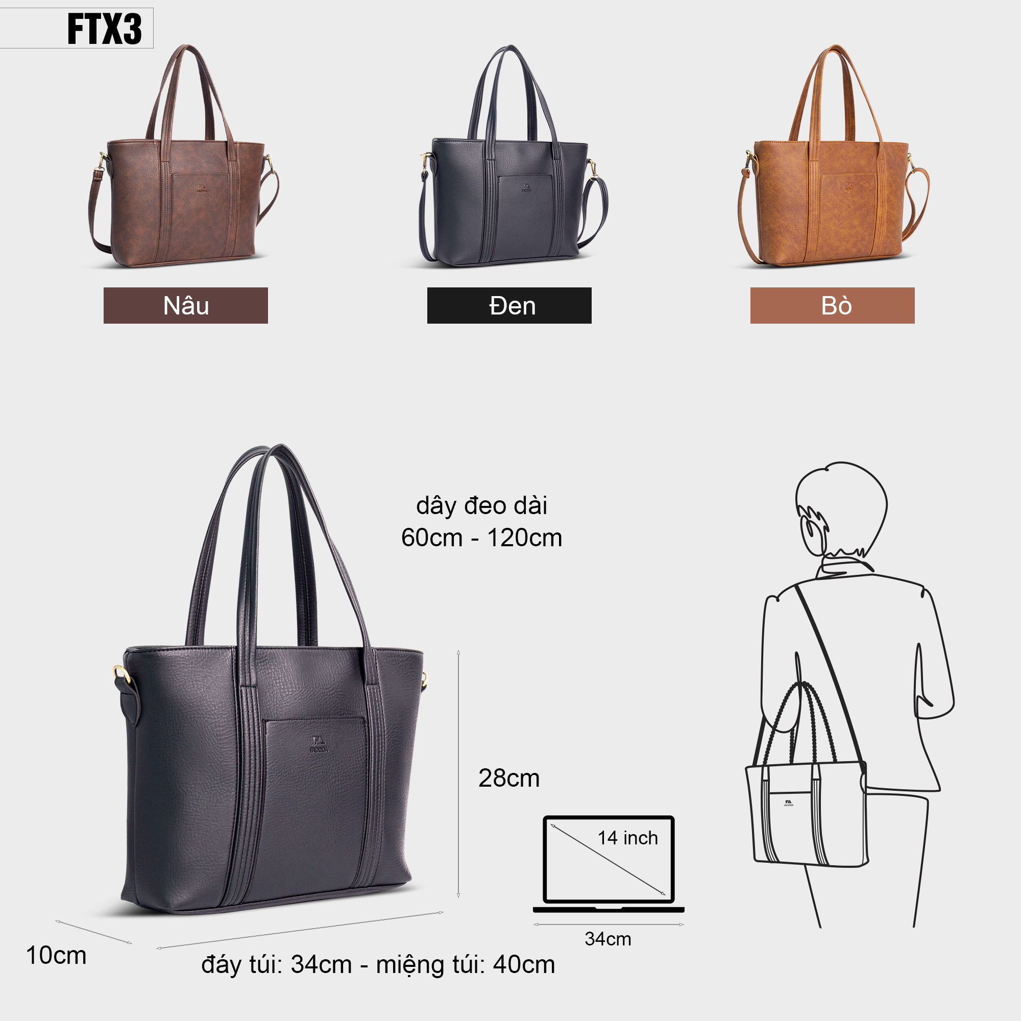 Túi xách da nữ đa năng Laptop 14 inch FADODA FTX3