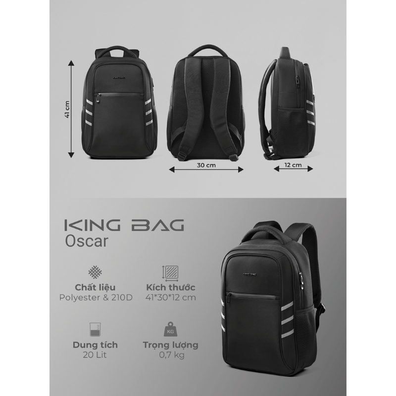 Balo laptop 15.6 inch KINGBAG Oscar vải trượt nước, dày dặn, gọn nhẹ, quai đeo thoáng khí, không mỏi vai