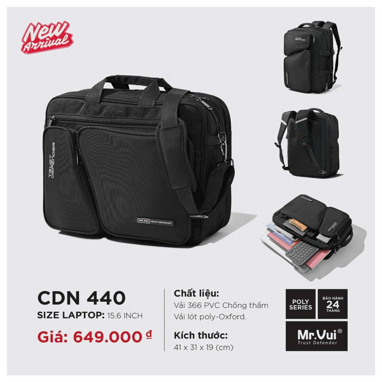 Cặp đa năng laptop 15.6 inch MR VUI 440 - Nhiều ngăn, ngăn laptop riêng, 3 cách mang, giấu quai, thoáng khí