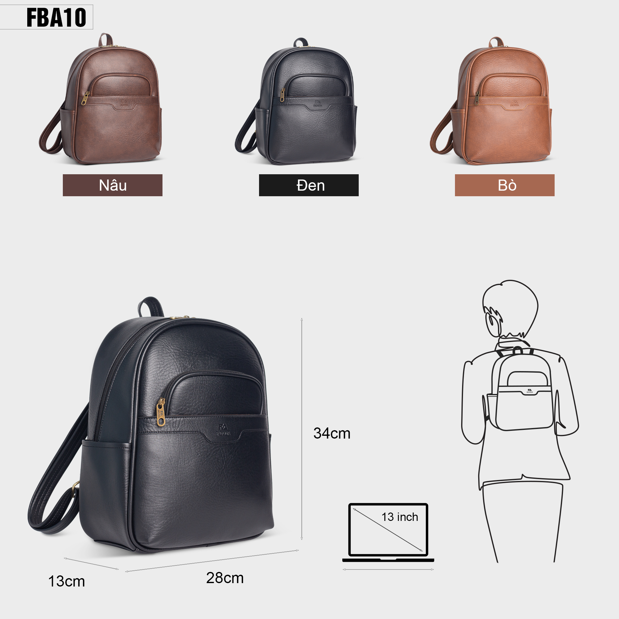Balo da công sở unisex Laptop 13 inch FADODA FBA10