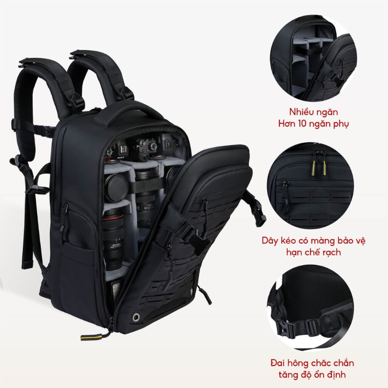 Balo máy ảnh SAKOS Imapro - Mở 90 độ, nhiều ngăn tùy chỉnh, đai vali, chống sốc laptop riêng, trượt nước