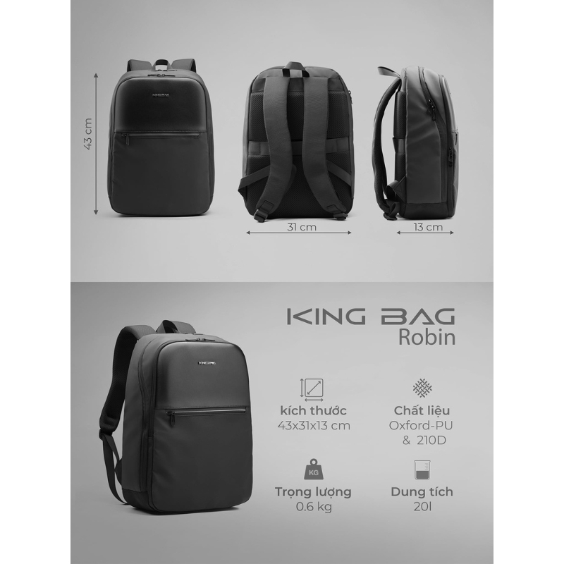 Balo phối da laptop 15.6 inch KINGBAG Robin - Siêu nhẹ, thể tích 20L, đai gài vali, trượt nước, thanh lịch