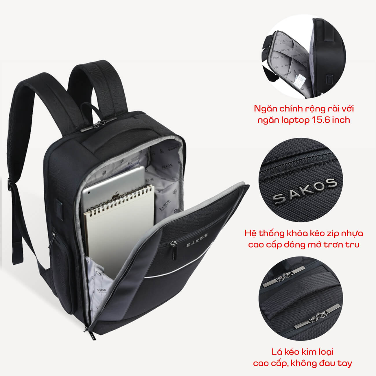 Balo doanh nhân phối da SAKOS Maestro laptop 15.6 inch - Mở 90 độ, chống thấm, cổng sạc USB, đai gài vali