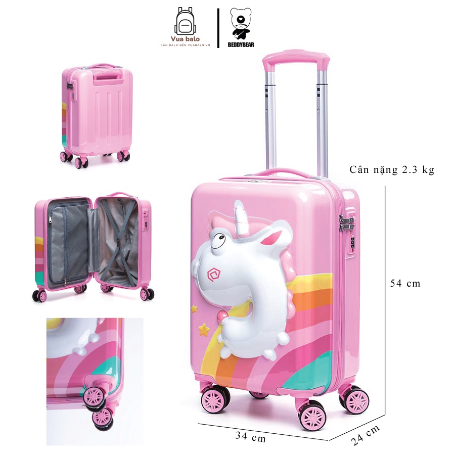 Vali Kéo Nhựa Cho Bé Gái BEDDYBEAR In Hình Dập Nổi 3D Kỳ Lân Unicorn Size Xách Tay 17 inch BJX-LV-001-KYLAN