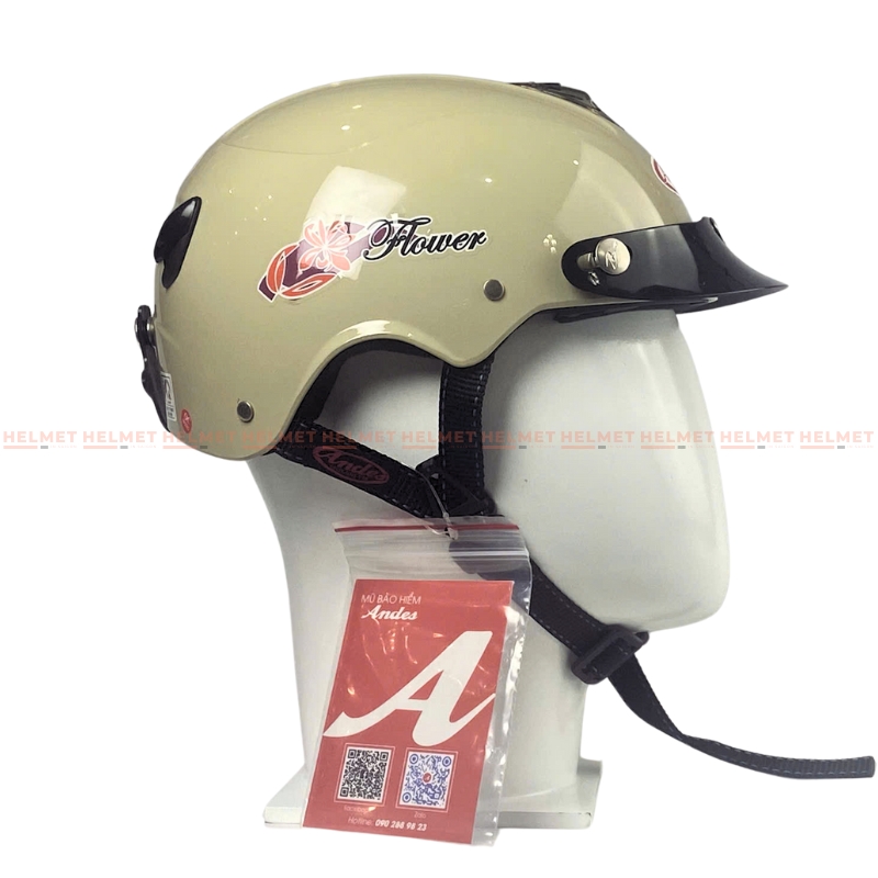 Mũ bảo hiểm 1/2 đầu không kính ANDES 3S108 có hoa dành cho nữ - MBH nửa đầu nhỏ gọn cứng cáp, chống va đập