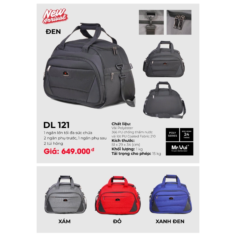 Túi du lịch MR VUI 121 thiết kế gọn nhẹ, nhiều ngăn, hiện đại, chống thấm tối ưu, đa năng