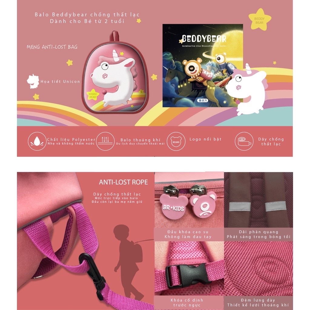Balo Mẫu Giáo Chống Thất Lạc Cho Bé Gái BEDDYBEAR Kỳ Lân Unicorn Hồng ZS-KYLAN