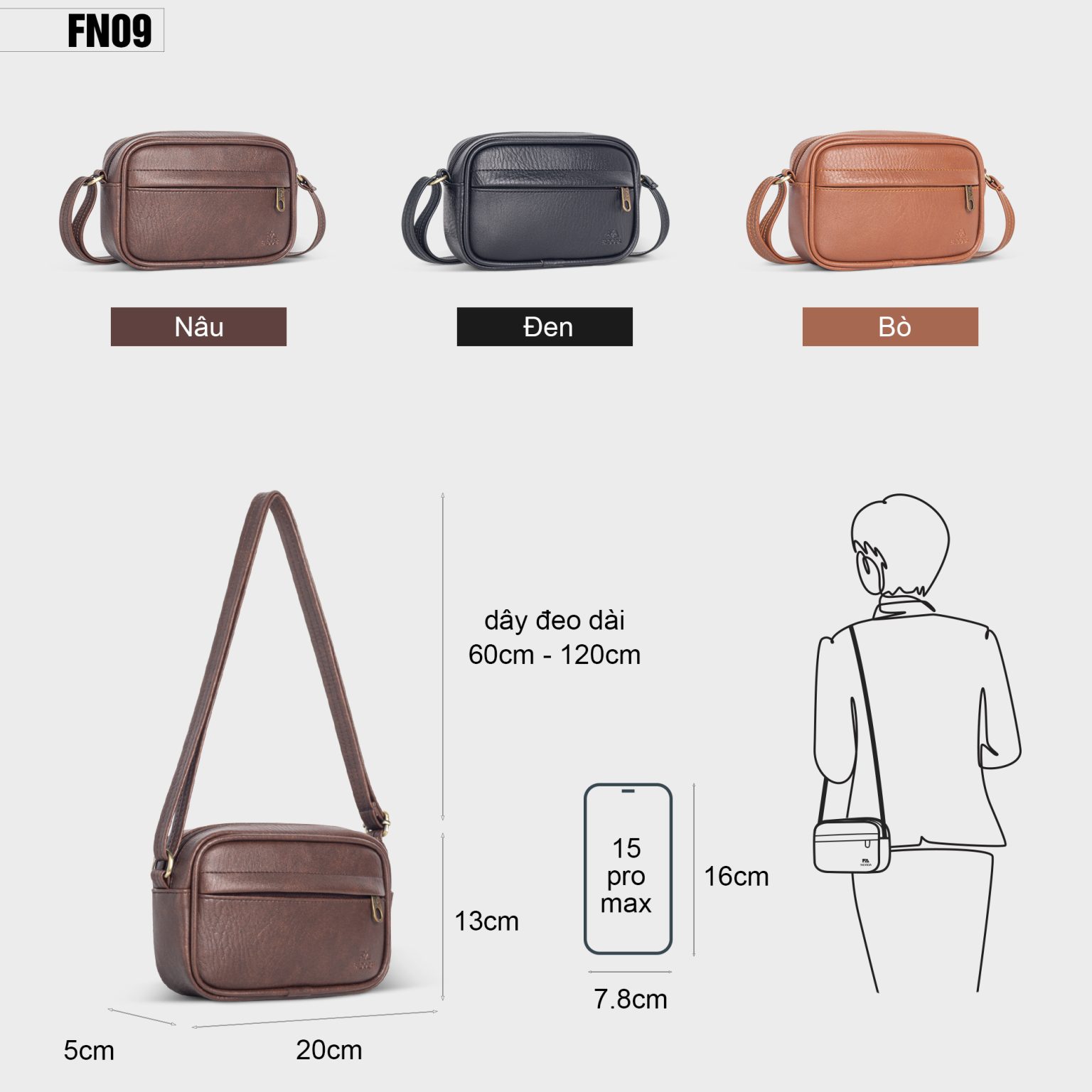 Túi đeo chéo da unisex FADODA FN09 vintage, cao cấp, gọn nhẹ, chống thấm nước, không bong tróc