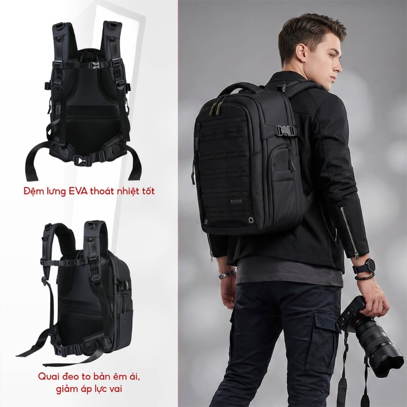 Balo máy ảnh SAKOS Imapro - Mở 90 độ, nhiều ngăn tùy chỉnh, đai vali, chống sốc laptop riêng, trượt nước