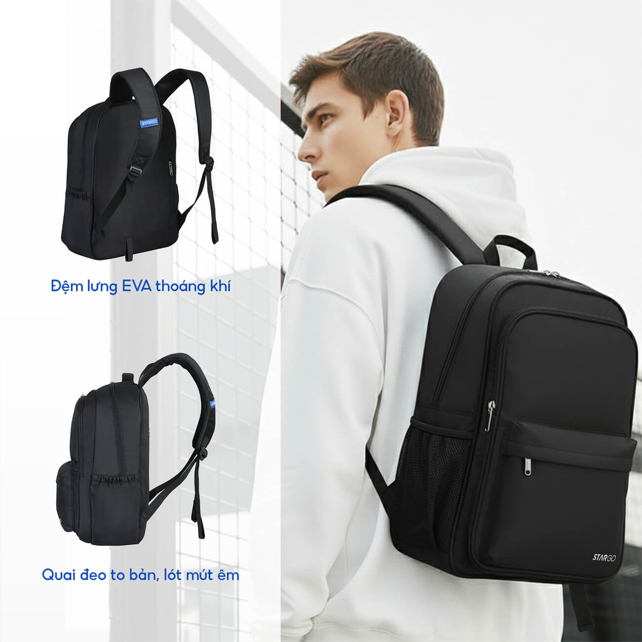 Balo laptop 15.6 inch STARGO Famil chất vải trượt nước, bền màu, siêu nhẹ, quai đeo thoáng khí