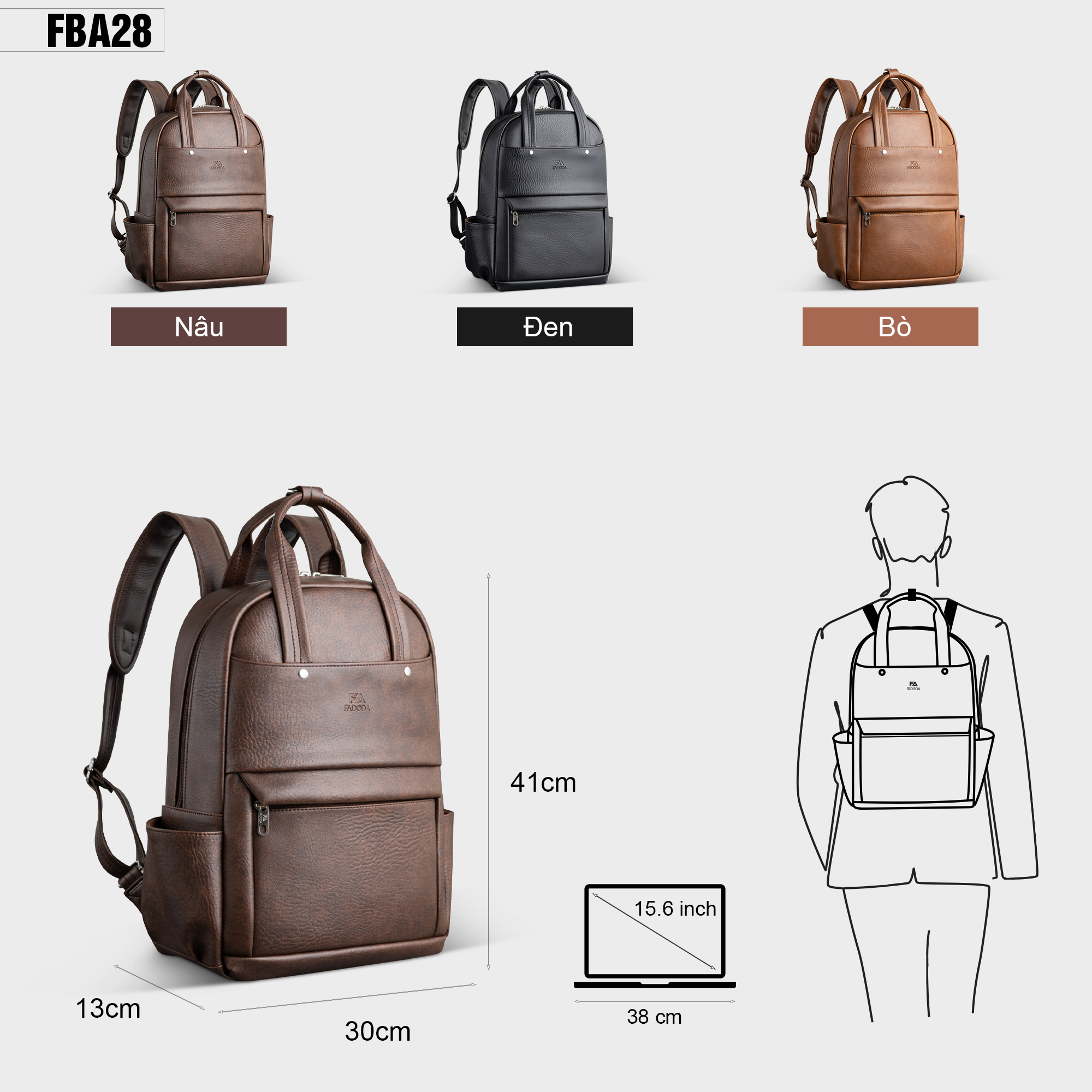 Balo da laptop 15.6 inch FADODA FBA28 phong cách công sở, da cao cấp không bong tróc, không thấm nước