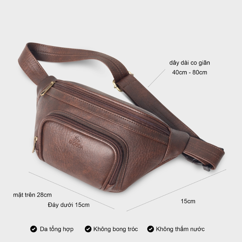 Túi bao tử / đeo chéo da FADODA FDC12 nhiều ngăn, gọn nhẹ, đứng form, chống thấm, không bong tróc, unisex