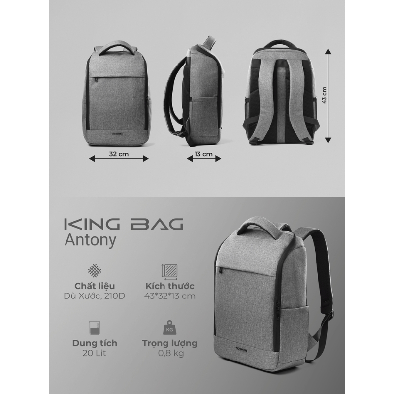Balo laptop 15.6 inch KINGBAG Antony - Nhiều ngăn, nắp U zip, dung tích 20L, tối giản, gọn nhẹ, trượt nước