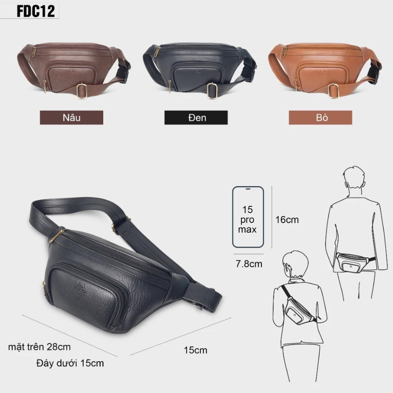 Túi bao tử / đeo chéo da FADODA FDC12 nhiều ngăn, gọn nhẹ, đứng form, chống thấm, không bong tróc, unisex