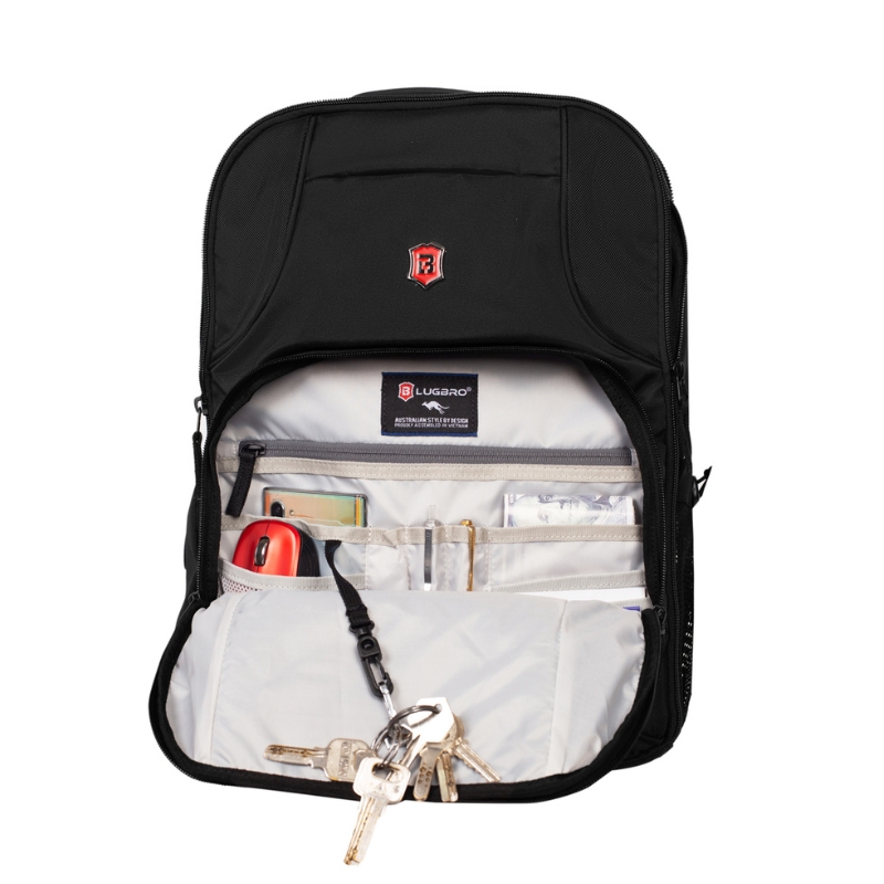Balo laptop 17 inch LUGBRO Jamboree - Sức chứa lớn, nhiều ngăn, vải trượt nước, đai gài vali, cổng dây sạc