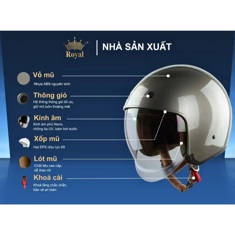 Mũ bảo hiểm 3/4 đầu kính âm ROYAL M139 trơn - MBH giấu kính unisex chuẩn an toàn, chịu va đập mạnh