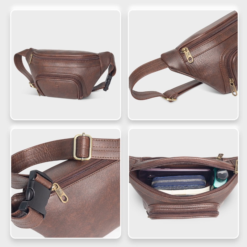 Túi bao tử / đeo chéo da FADODA FDC12 nhiều ngăn, gọn nhẹ, đứng form, chống thấm, không bong tróc, unisex