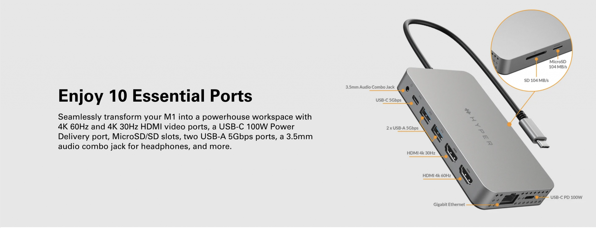 Cổng Chuyển HYPERDRIVE Dual 4K HDMI 10-in-1 (2 Màn Hình) USB-C Hub For Macbook M1/M2 HDM1H