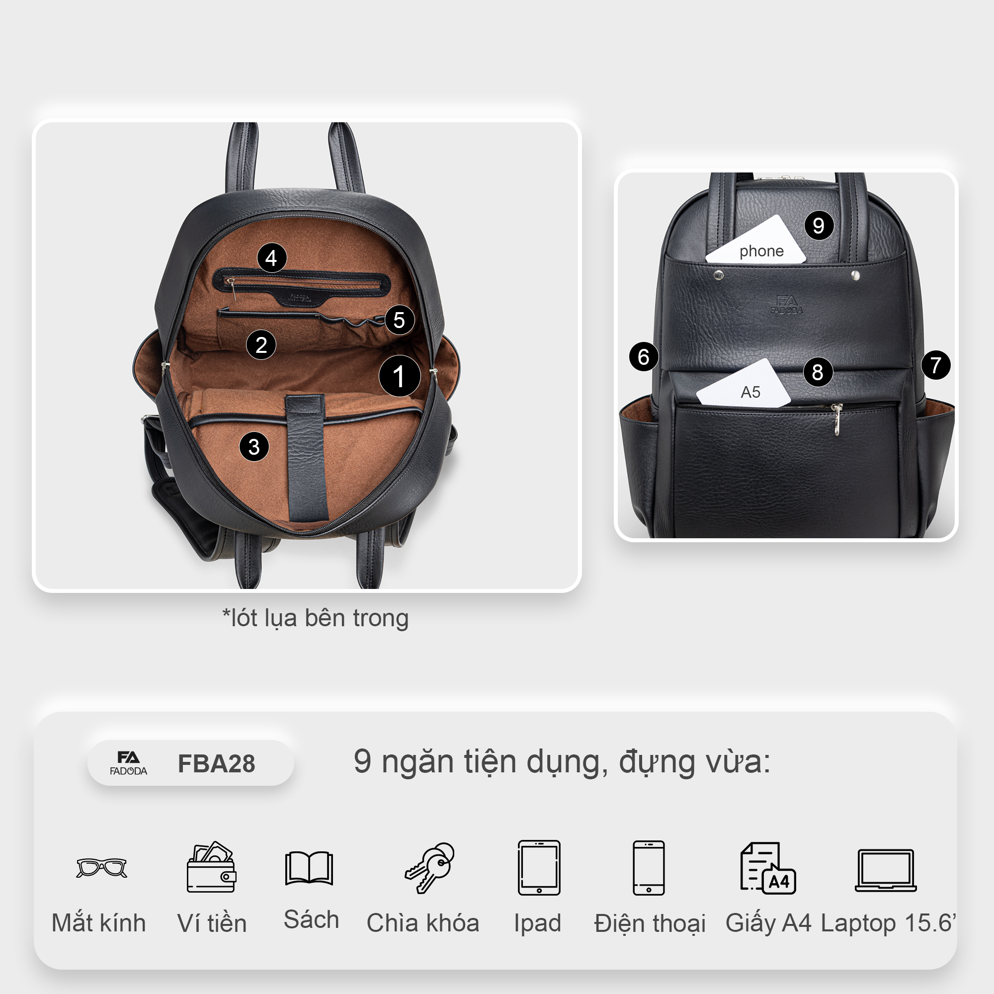 Balo da laptop 15.6 inch FADODA FBA28 phong cách công sở, da cao cấp không bong tróc, không thấm nước