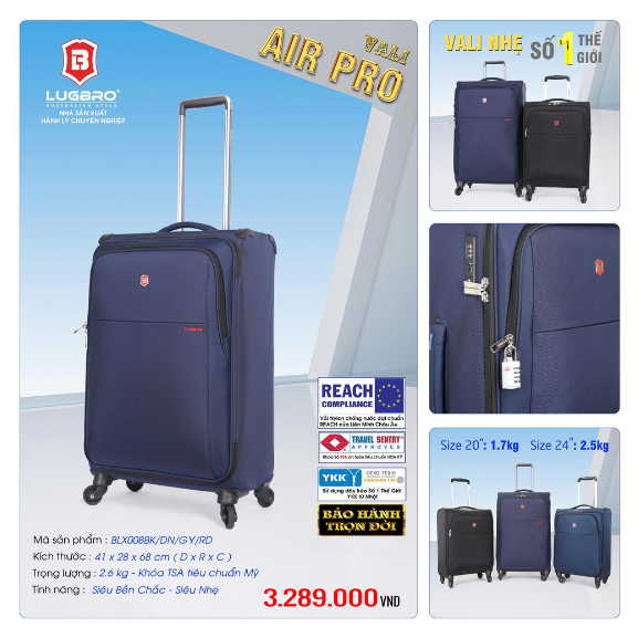 Vali kéo vải LUGBRO Air Pro 2.6kg size 24inch - Nhẹ nhất thế giới, Khóa TSA chuẩn Hoa Kỳ, bảo hành trọn đời