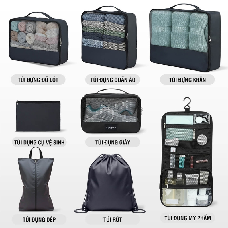 Bộ phụ kiện 8 túi STARGO Arreda - Túi tiện ích sắp xếp hành lý, đựng giày, mỹ phẩm, siêu nhẹ, trượt nước