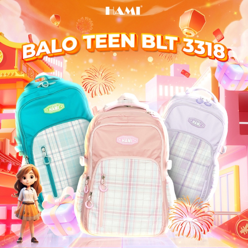 Balo teen HAMI 3318 nhiều ngăn cho học sinh, sinh viên - Dễ thương, trượt nước, có dây nén, đai gài vali