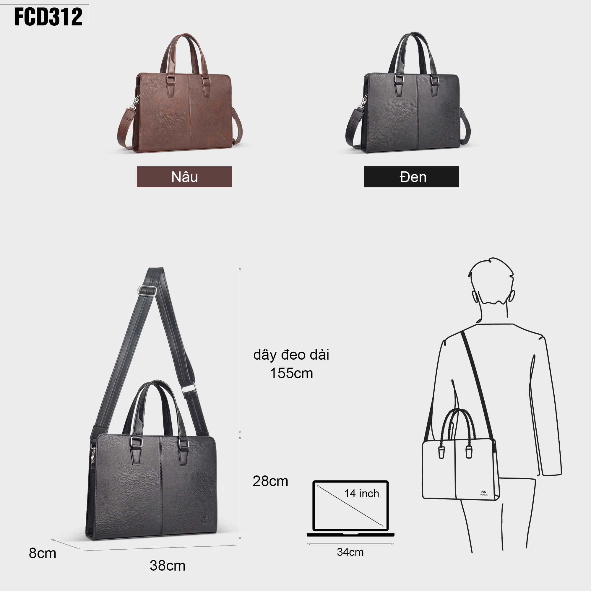 Cặp xách da công sở Laptop 14 inch FADODA FCD312 - Vintage, Cao cấp, Chống thấm nước