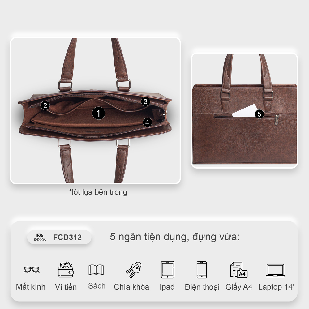 Cặp xách da công sở Laptop 14 inch FADODA FCD312 - Vintage, Cao cấp, Chống thấm nước