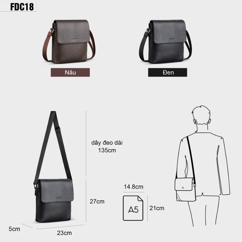 Túi đeo chéo da dáng đứng cho nam FADODA FDC18 - Thanh lịch, chống thấm nước, không bong tróc