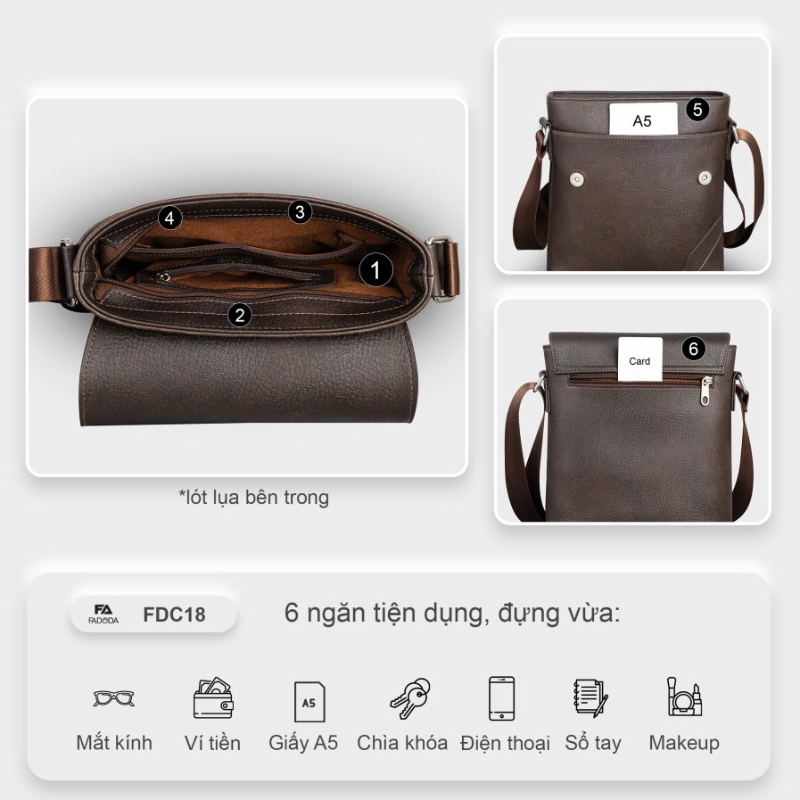 Túi đeo chéo da dáng đứng cho nam FADODA FDC18 - Thanh lịch, chống thấm nước, không bong tróc