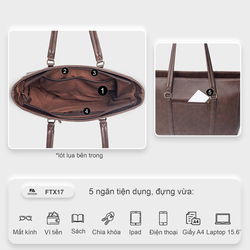 Túi xách nữ công sở laptop 15.6 inch FADODA FTX17 - Vintage, Dung tích lớn, Chống thấm nước