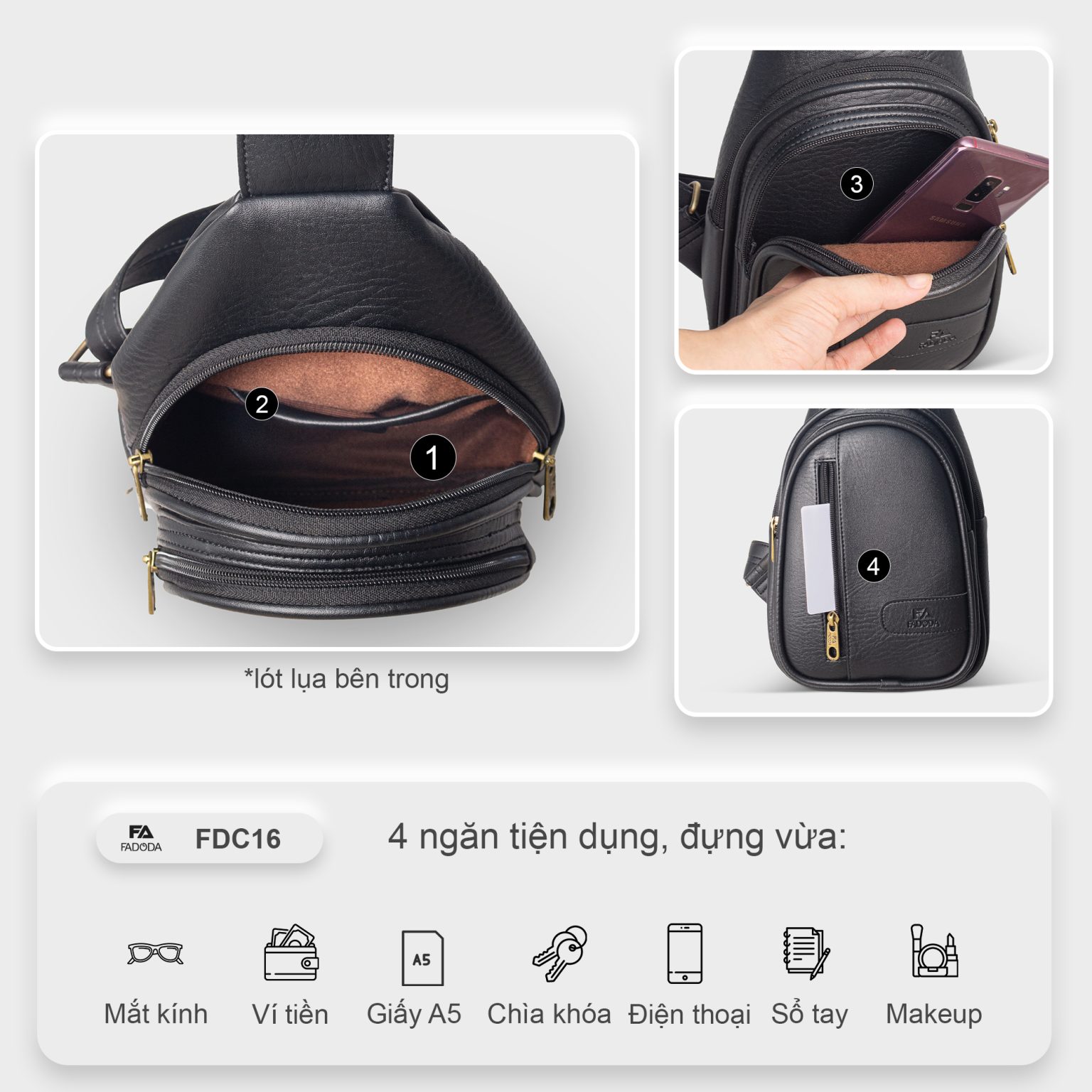 Túi đeo chéo bao tử FADODA FDC16 vừa giấy A5 - Siêu nhẹ, không bong tróc, chống thấm nước