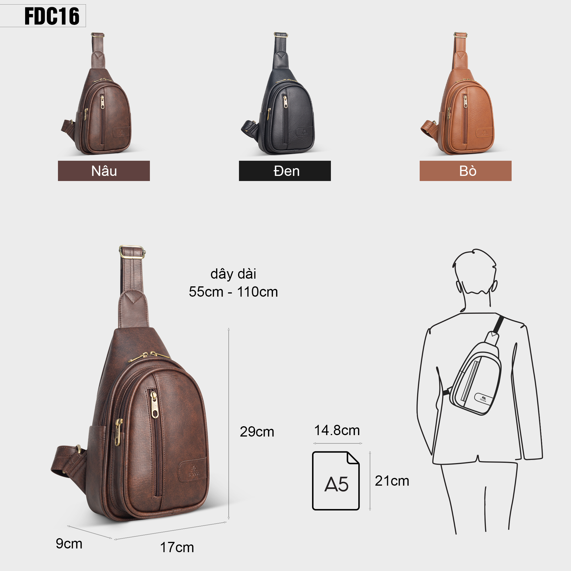 Túi đeo chéo bao tử FADODA FDC16 vừa giấy A5 - Siêu nhẹ, không bong tróc, chống thấm nước