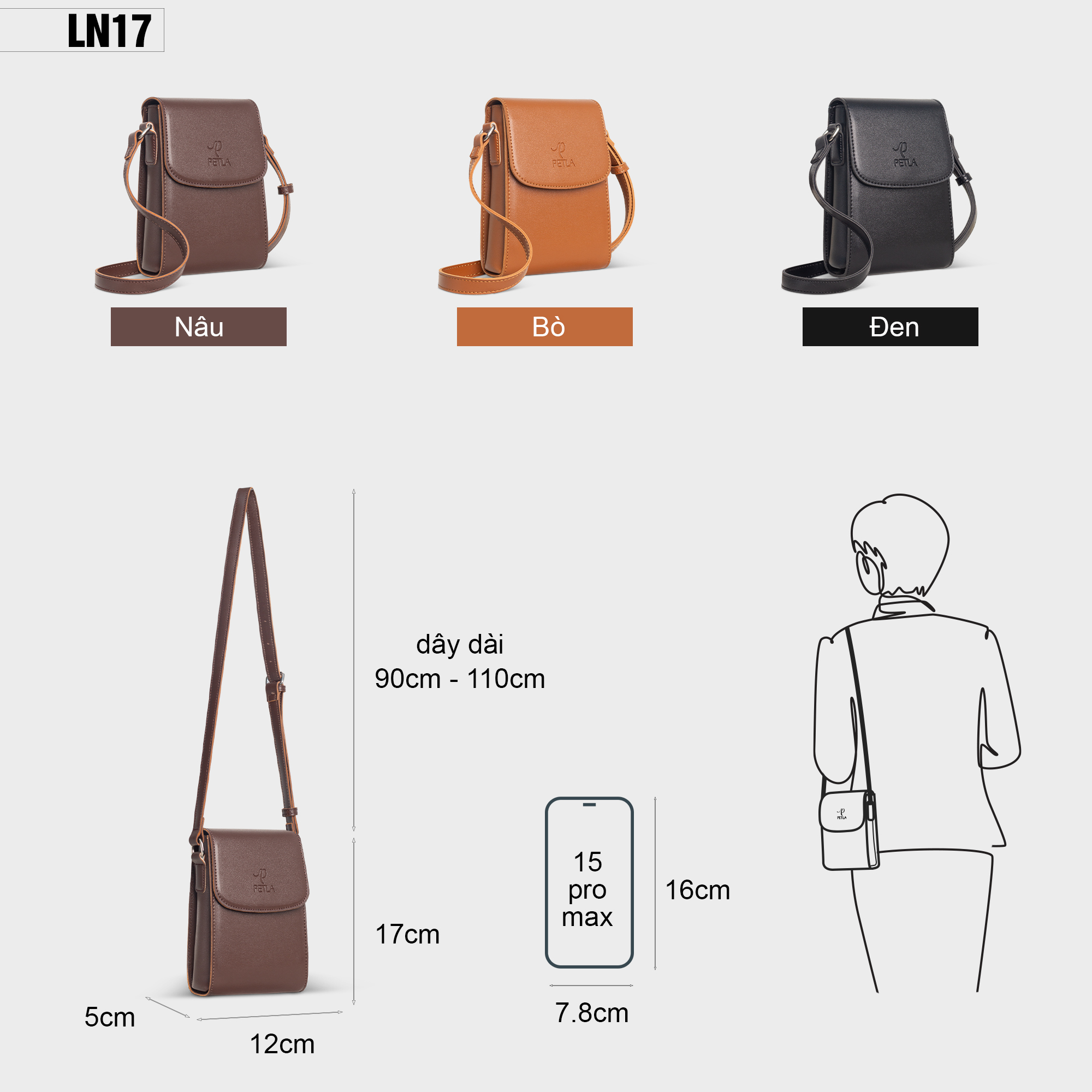 Túi đeo chéo da mini cho nữ PETLA LN17 - Đựng phụ kiện nhỏ gọn, thời trang, chống thấm